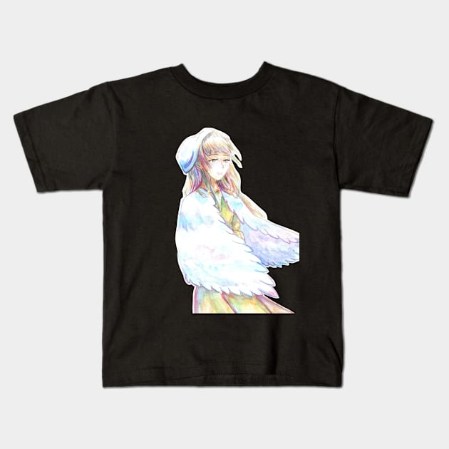 Cute Anime Girl in Feather Mantle Kids T-Shirt by Dearly Mu